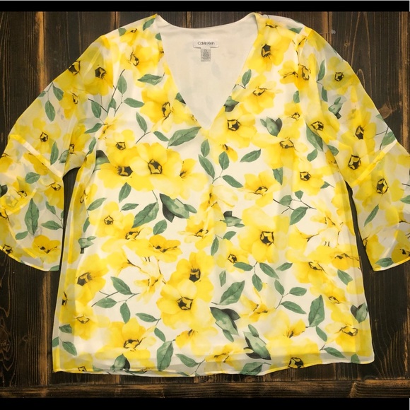 Calvin Klein 🌼 Floral Print V-Neck Chiffon 3/4 Ruffle Sleeve Top Size Large - Picture 4 of 7